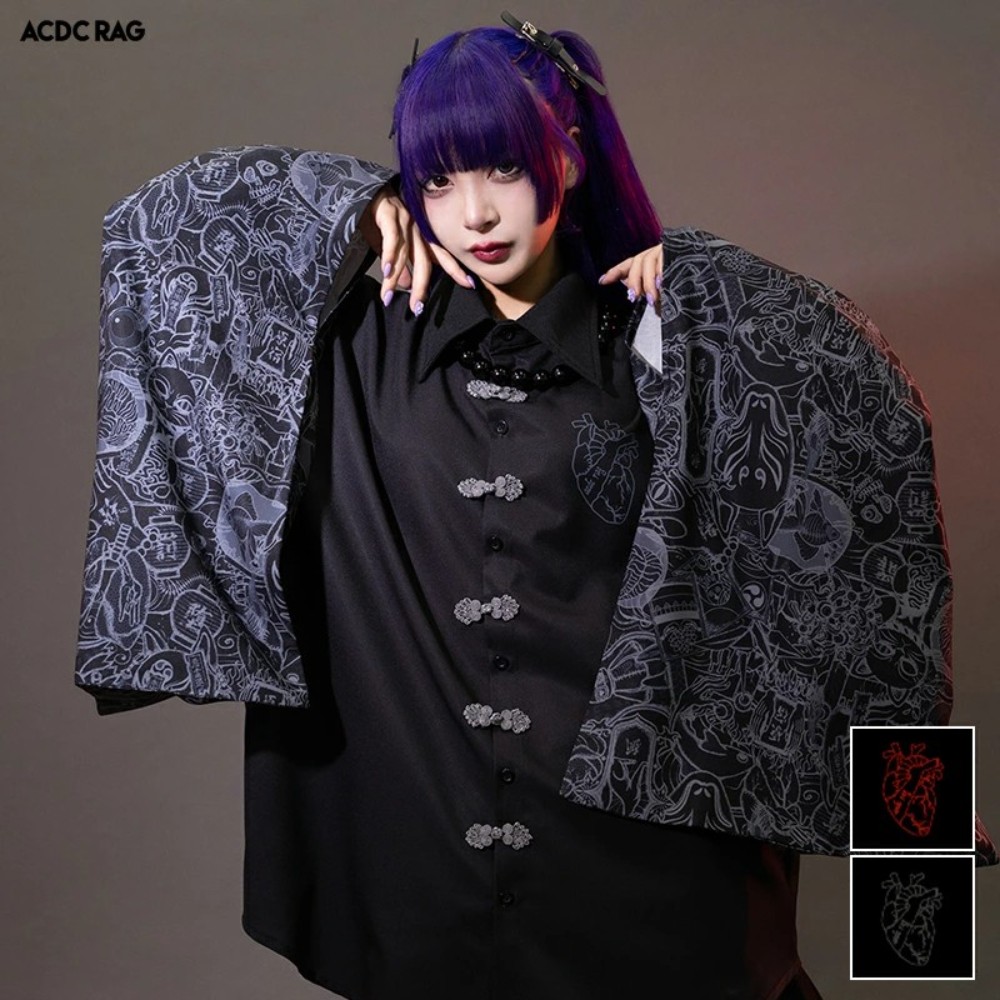 ACDC RAG 키모노 셔츠 하라주쿠 일본 서브컬쳐 펑크 지뢰계 멘헤라 - 상품 이미지