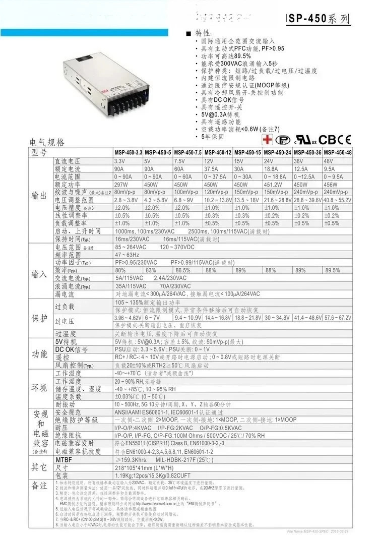 밍웨이 MSP-450 450W 스위치 전원공급장치 3.3/5/7.5/12/15/24V 36 저누설 전류 48V