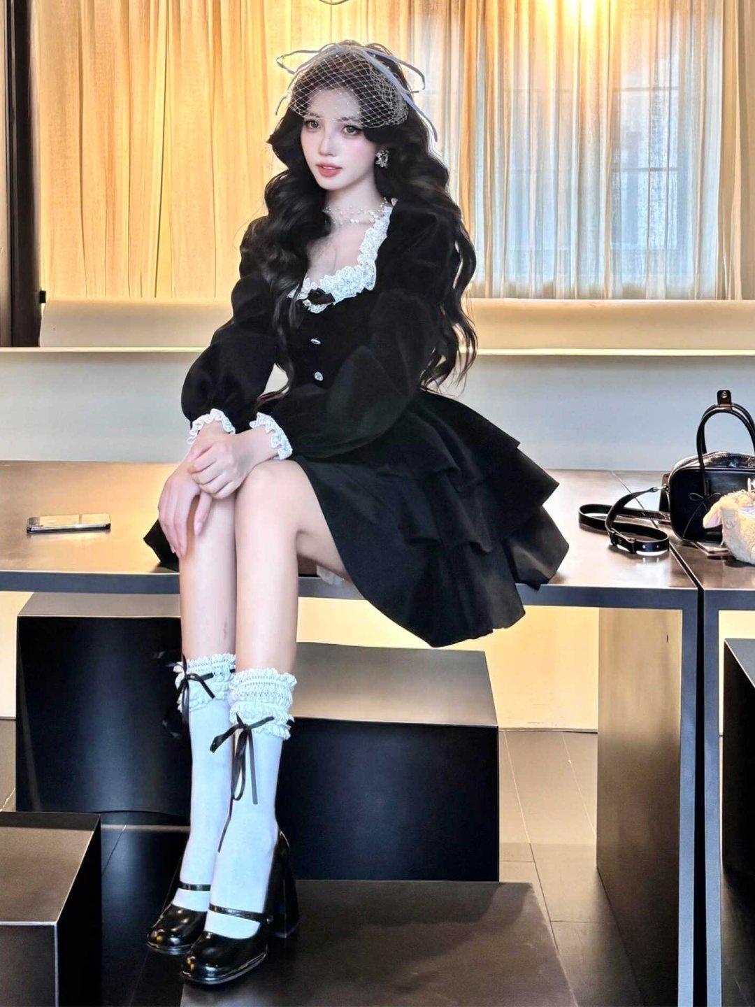 공주풍 고스로리 벨벳 드레스 프릴 캉캉 미니 원피스 스퀘어넥 - 상세 이미지 4