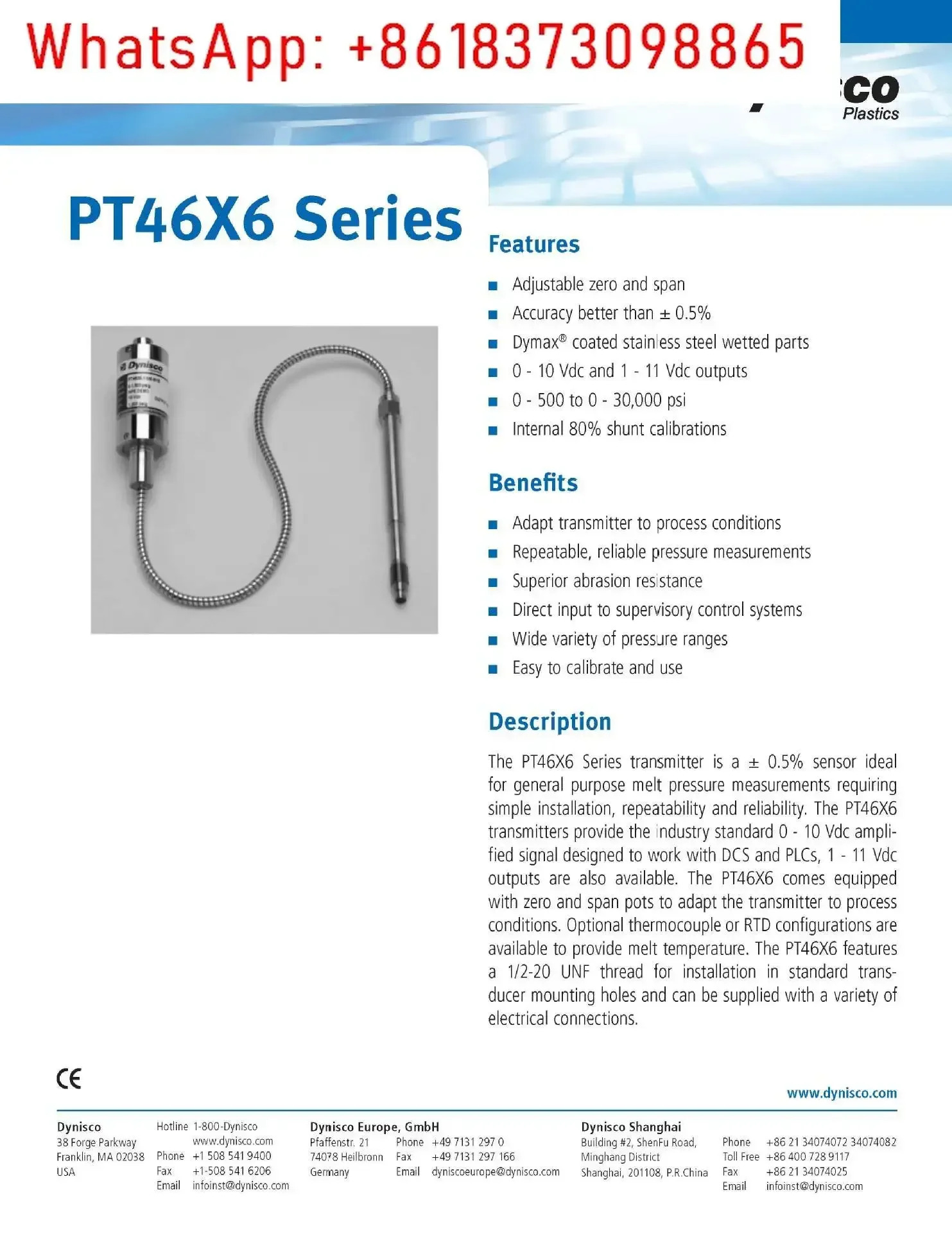 PT4626-35MPa-0-10VDynisco 고온 용융 압력센서
