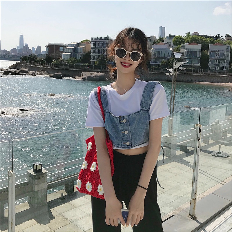 조끼 데님 숏 뷔스티에 여름 캐주얼 크롭 어깨끈 옆라인 스트링 단추 여밈 민소매 여성 - 상세 이미지 4
