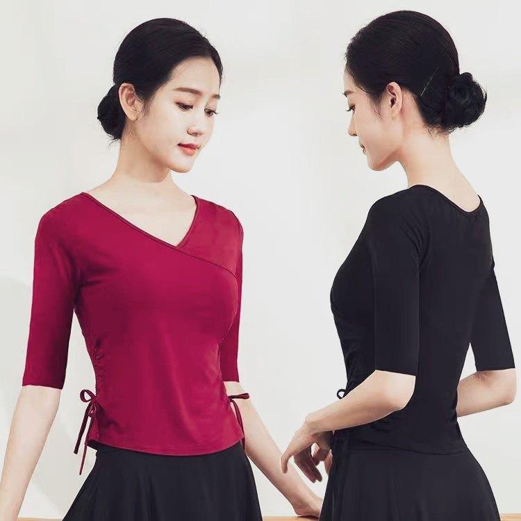 여서 무용 댄스복 모달 댄스의상 라인댄스상의 사교 줌바 더블서랍 와인레드 중간 소매+스트레이트 바지 S - 상품 이미지