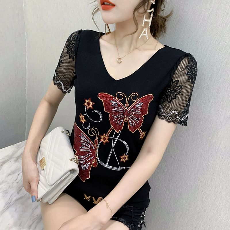 여성 라인댄스 상의 V넥 반팔 시스루 댄스복 연습복 - 상세 이미지 2