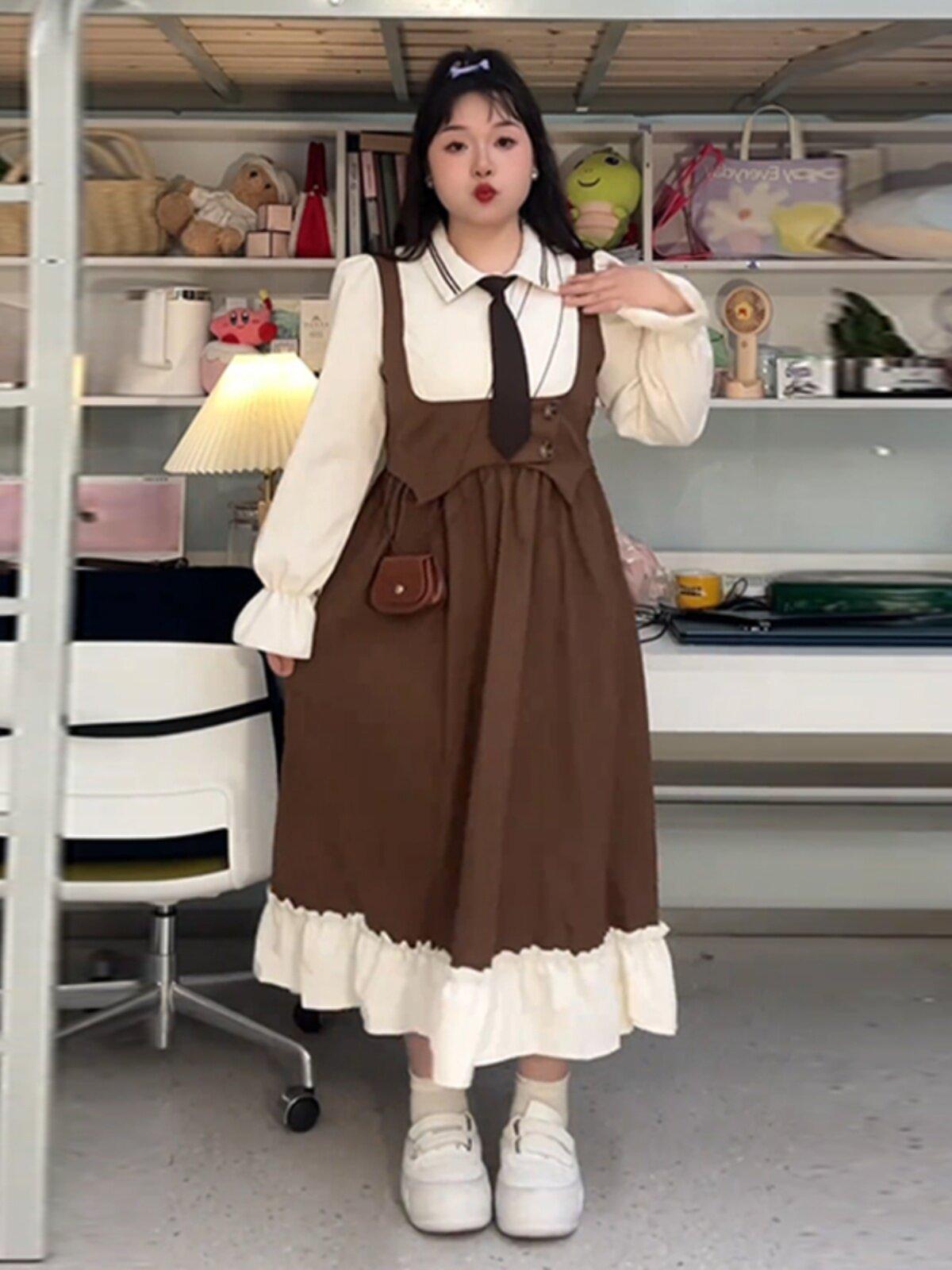 빅사이즈 경성의복 개화기 의상 페이크 투피스 롱 원피스 - 상품 이미지