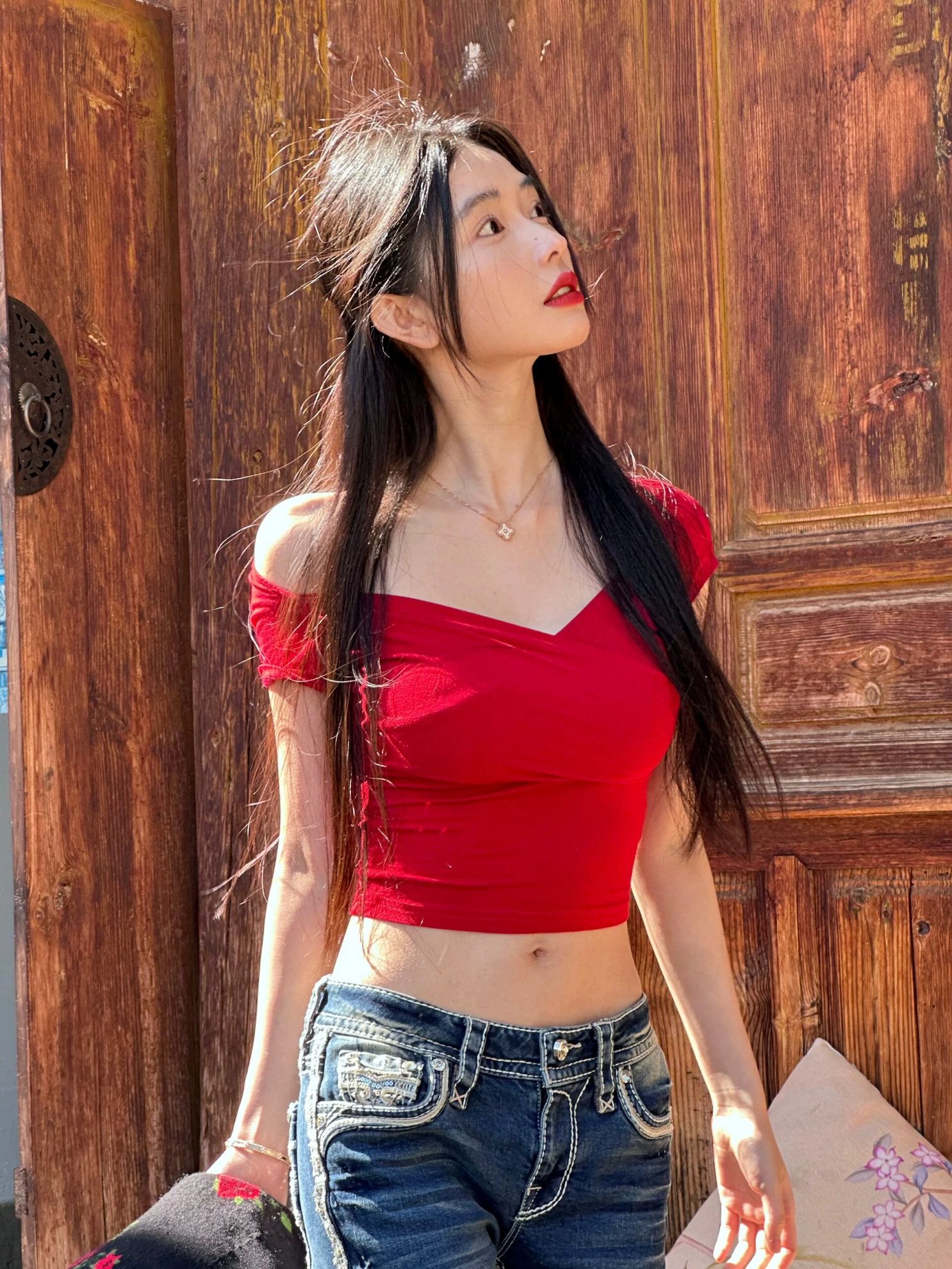 레드 오프숄더 티셔츠 반팔 원숄더 빨간 셔츠 여성용 - 상세 이미지 2