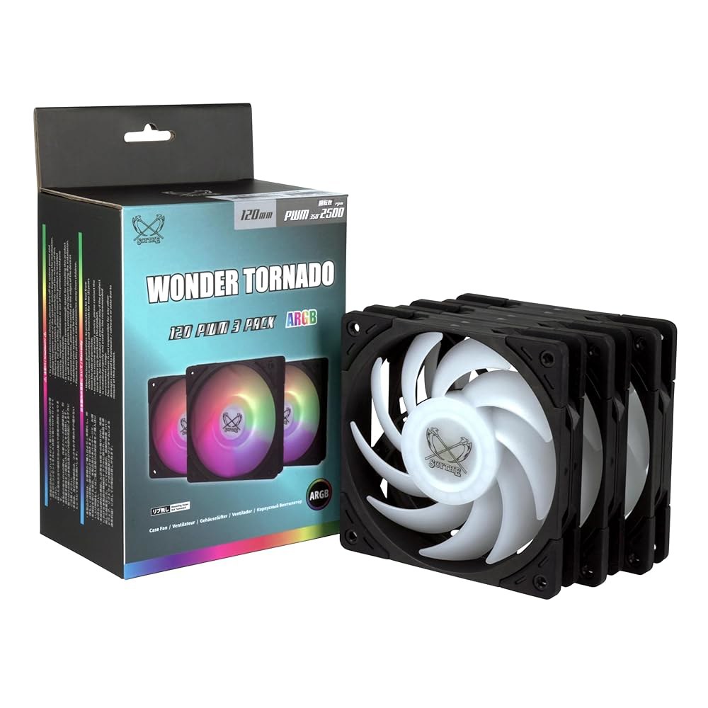 Scythe Wonder Tornado 120mm ARGB 컴퓨터 케이스 게임 및 성능 빌드용 팬, 12V 4핀 전원, 3핀 조명, 두께 25mm, PBT 소재, 2500RPM, - 상품 이미지