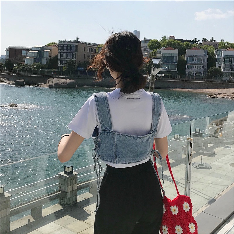 조끼 데님 숏 뷔스티에 여름 캐주얼 크롭 어깨끈 옆라인 스트링 단추 여밈 민소매 여성 - 상세 이미지 2