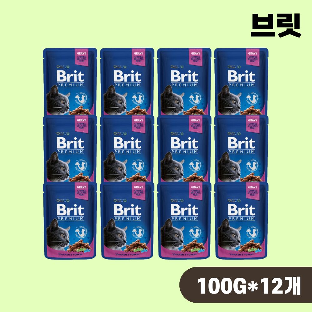 [유통기한] 브릿 파우치 프리미엄 캣 고양이 습식 주식 파우치 청크 닭고기 칠면조, 100g, 12개 - 상품 이미지