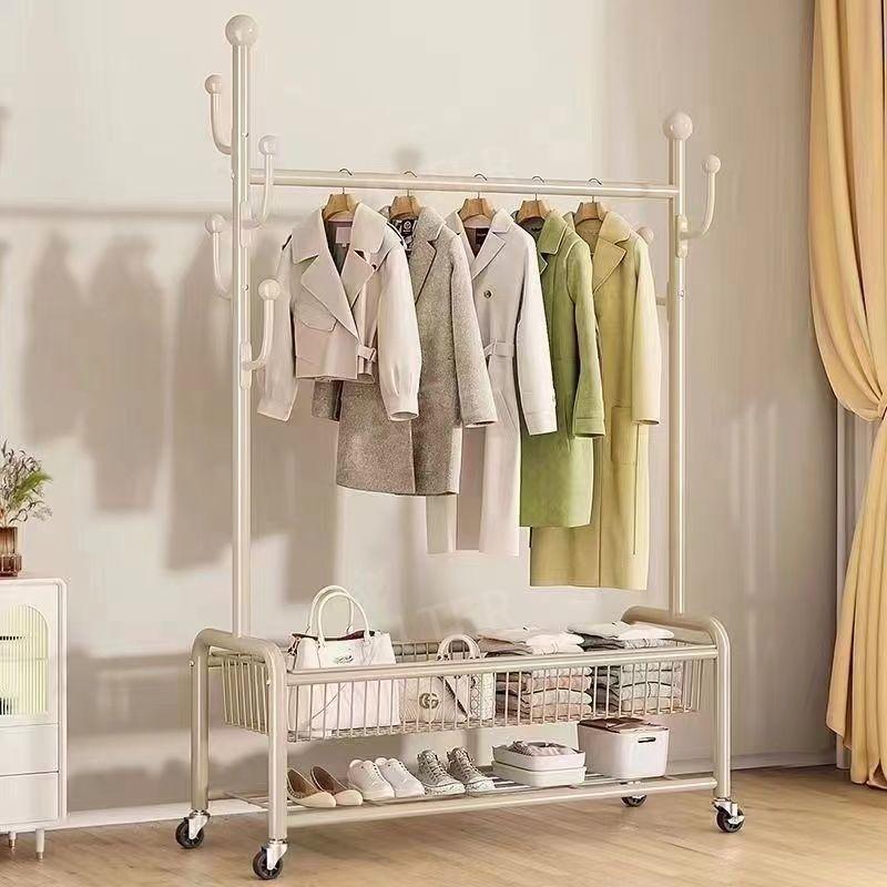 철제 코트 행거 옷걸이 침실용 탈의실 기숙사 100cm-크림색-단층 바구니 - 상세 이미지 3