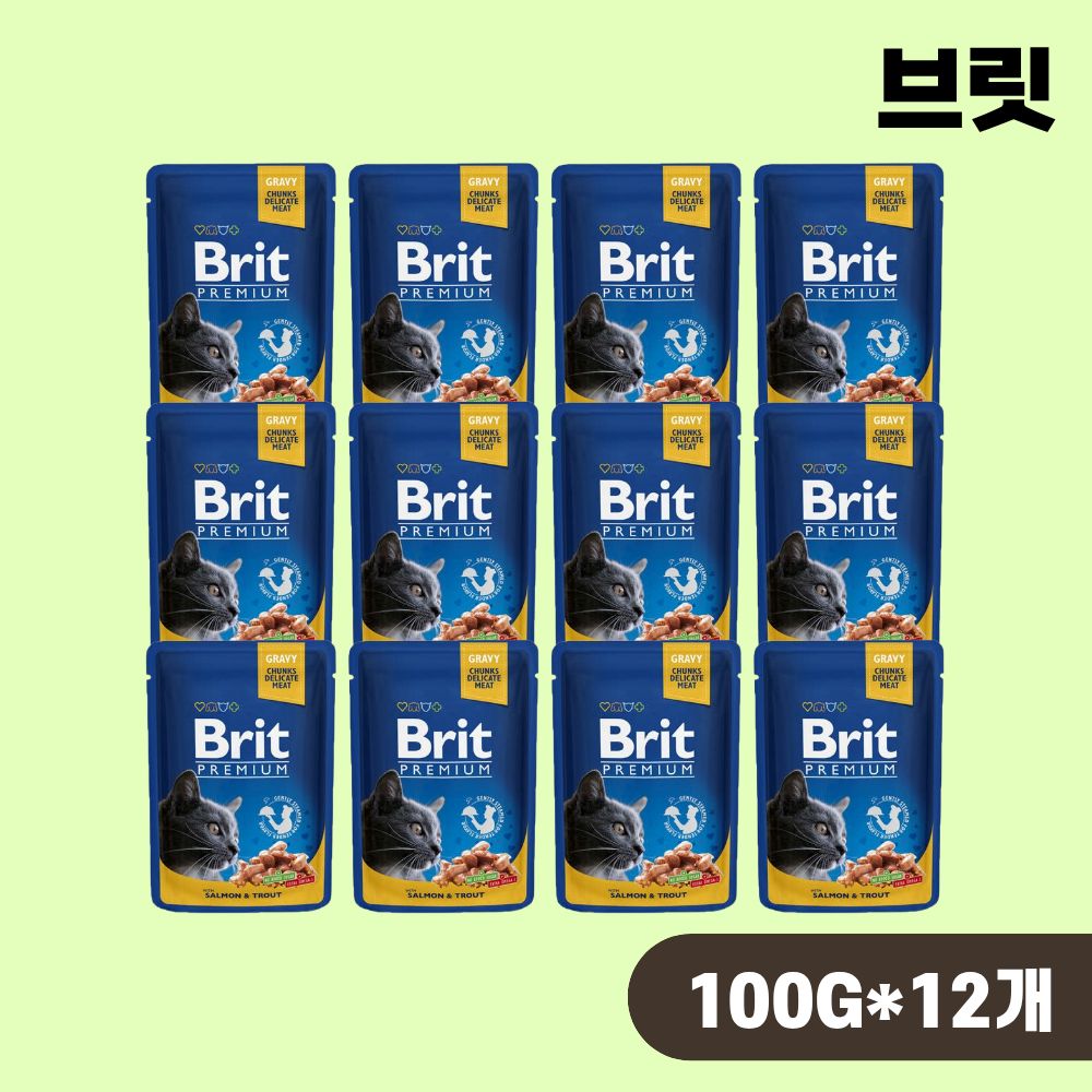 [유통기한] 브릿 파우치 프리미엄 캣 고양이 습식 주식 파우치 청크 연어 송어, 100g, 12개 - 상품 이미지