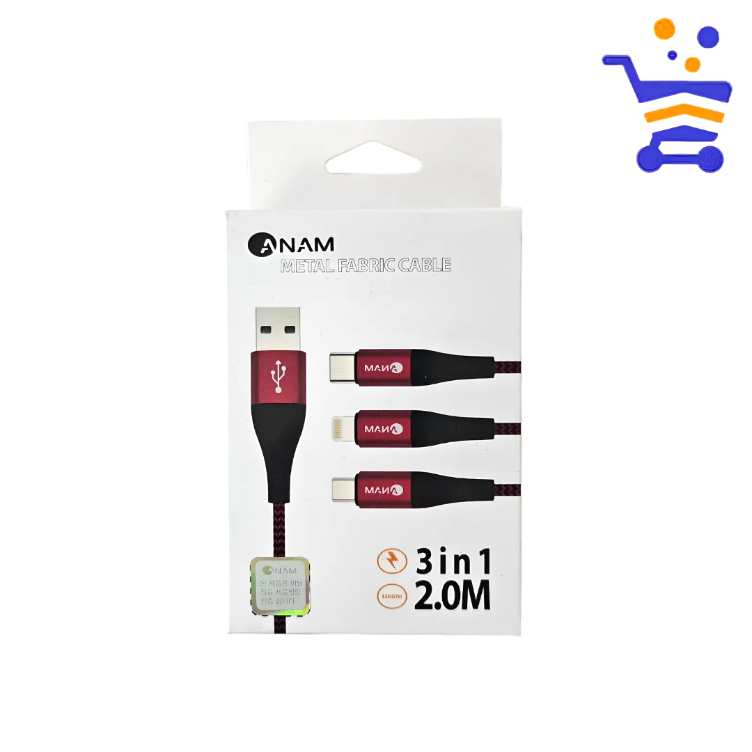 아남 메탈 패브릭 케이블 3in1 레드 2M (USB-A) 핸드폰 충전 케이블 - 상품 이미지