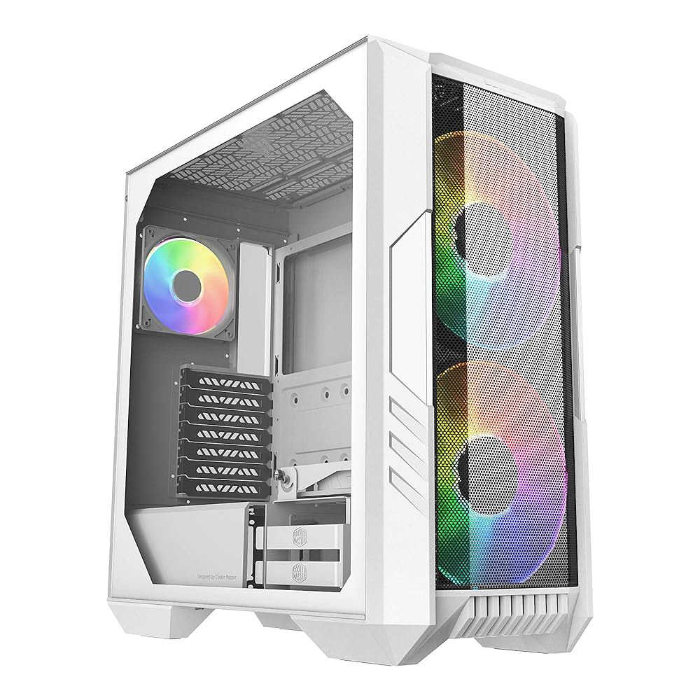 쿨러 마스터 HAF 500 화이트 고풍량 ATX 미드 타워, 메시 전면 패널, 듀얼 200mm 맞춤형 ARG 조명 팬, 회전식 GPU USB 3.2 Gen 2 Type C 및 강화 - 상품 이미지