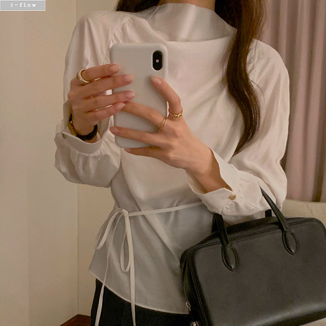멜라 반목 나그랑 셔링 스트랩 블라우스 3col 봄 가을 허리끈 시스루 루즈핏 제이플로우 - 상세 이미지 4