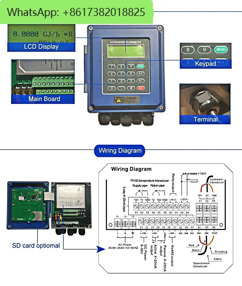 TUF-2000B-TM-1 변환기 DN50mm-DN700mm 초음파 액체 유량계 벽 장착형 ModBus