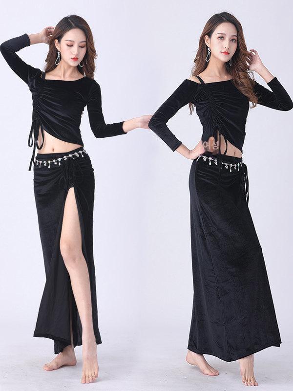 벨벳 벨리댄스복 방송 밸리 사교 공연복 연습 댄스스포츠 로열블루 상의+치마+허리 체인 S - 상세 이미지 3