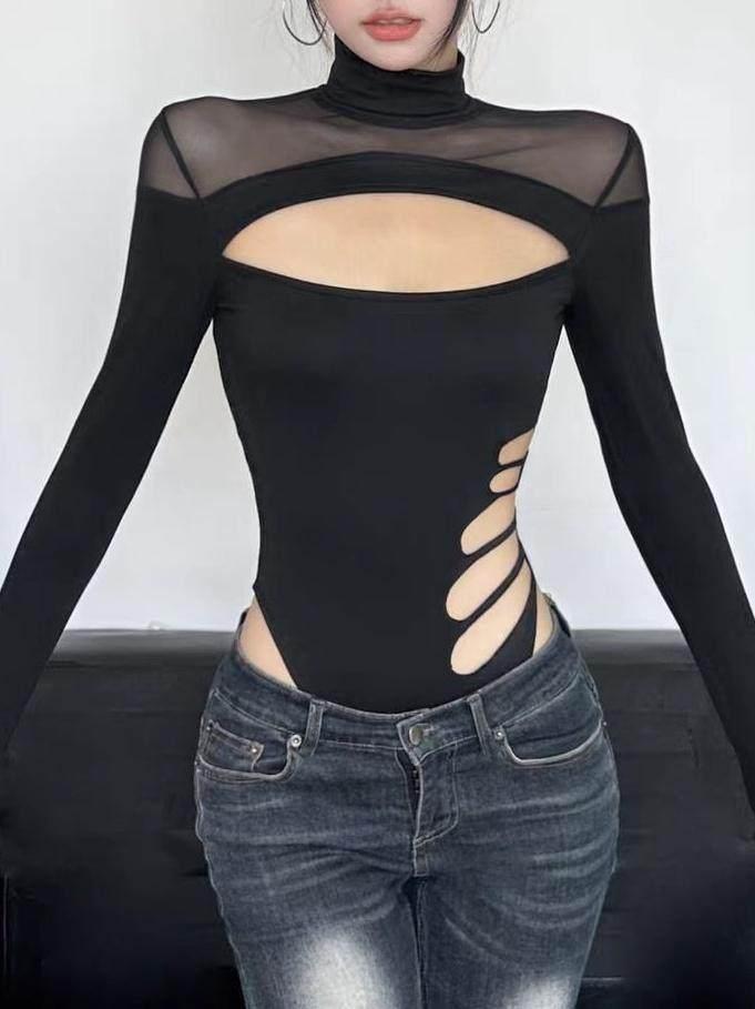 여자 바디프로필 의상 옆트임 섹시 시스루 하이넥 긴팔 블랙 S - 상세 이미지 3