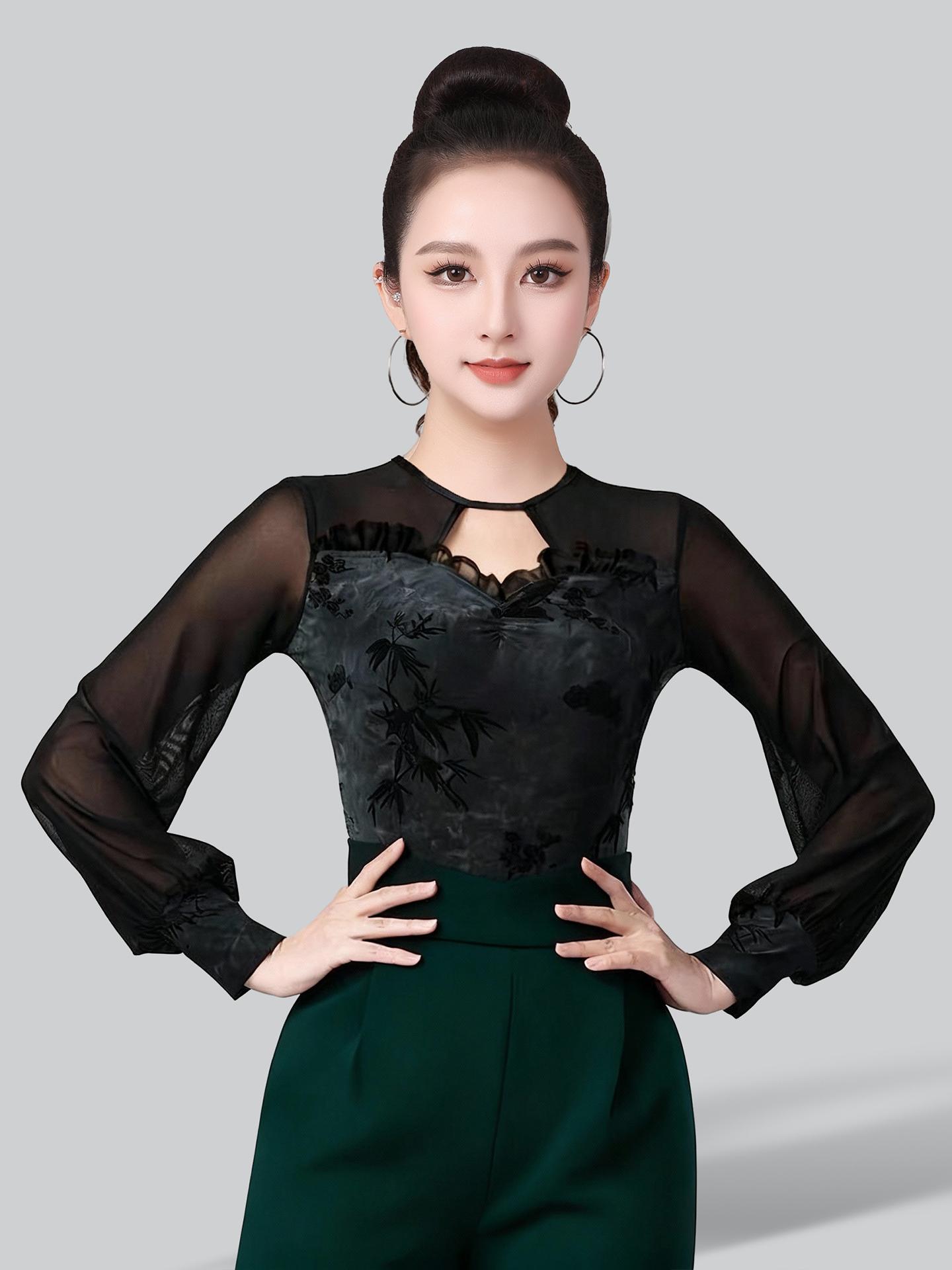 줌바 사교 댄스복 여성 라틴 왈츠 라인 댄스상의 긴팔 뱀부 긴팔 원피스 M - 상품 이미지