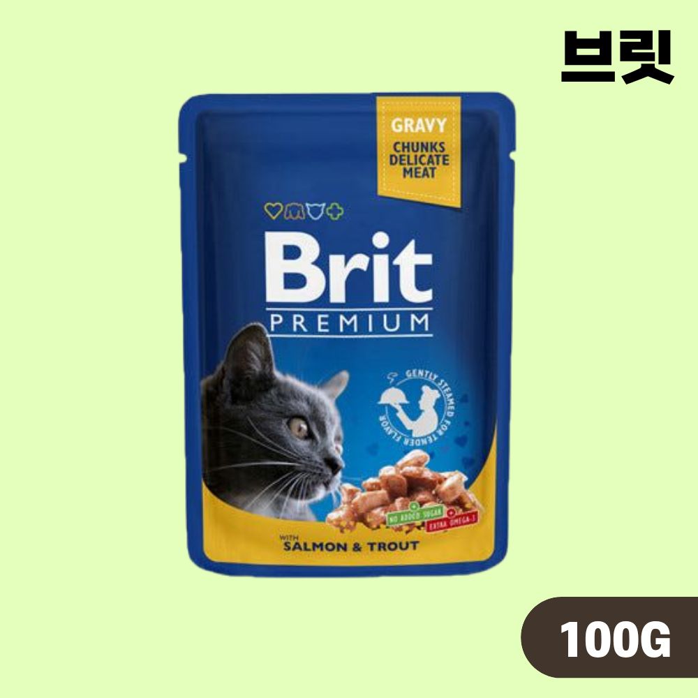 [유통기한] 브릿 파우치 프리미엄 캣 고양이 습식 주식 파우치 청크 연어 송어, 100g, 1개 - 상품 이미지