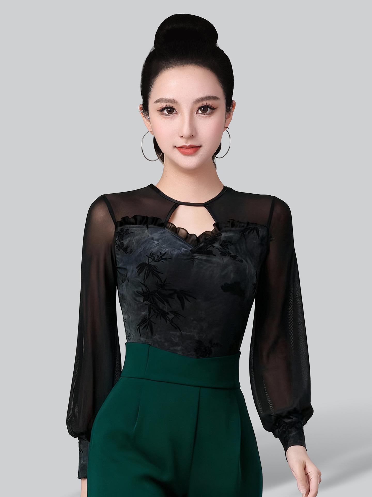 줌바 사교 댄스복 여성 라틴 왈츠 라인 댄스상의 긴팔 뱀부 긴팔 원피스 M - 상세 이미지 2