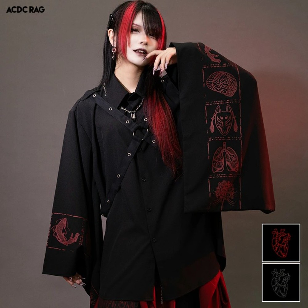 ACDC RAG 하네스 키모노 셔츠 하라주쿠 일본 서브컬쳐 펑크 지뢰계 멘헤라 - 상품 이미지