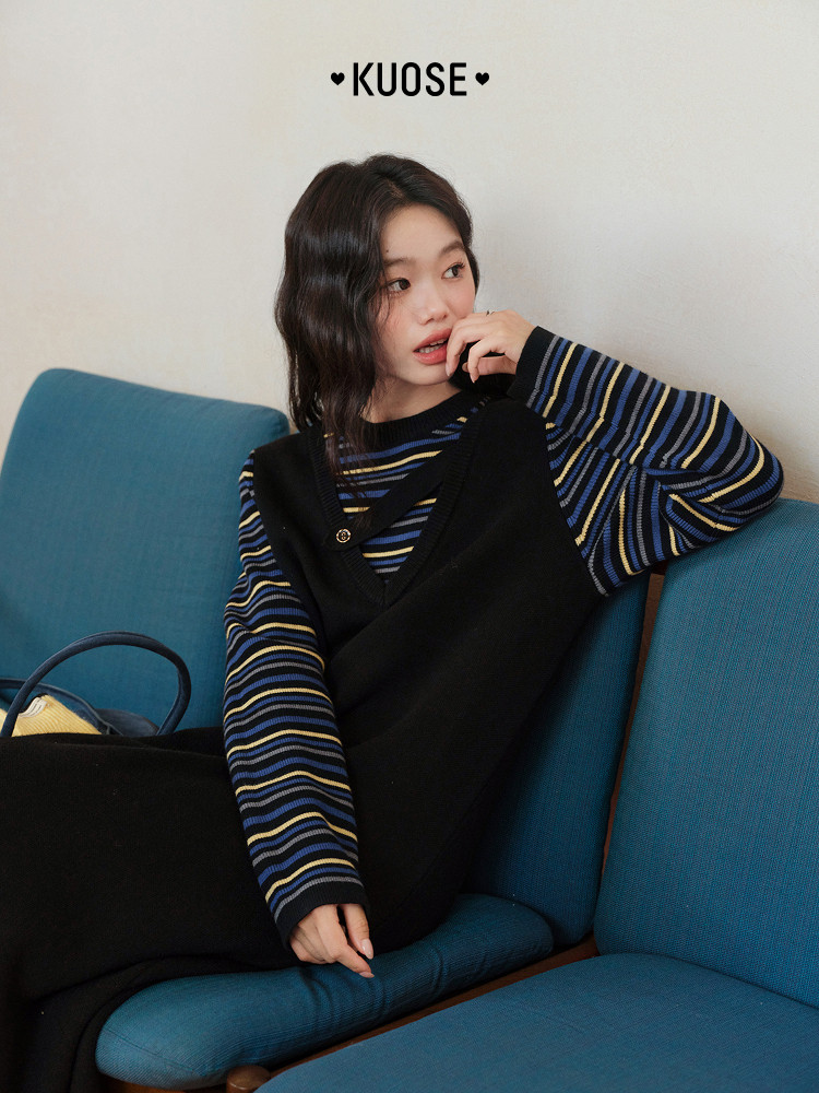 KUOSE 원피스 긴팔 레이어드룩 스트라이프 블랙 루즈핏 민소매 - 상품 이미지