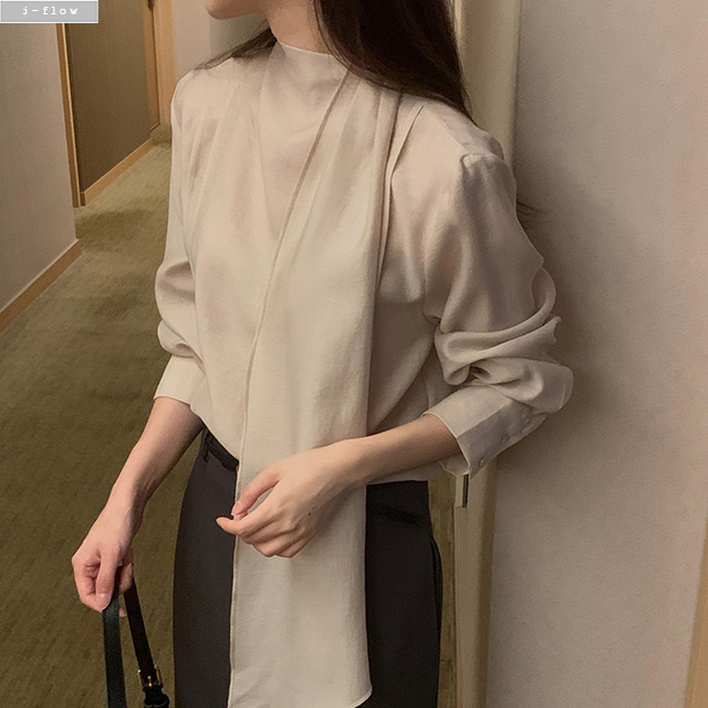 브렌 스카프넥 시스루 핀턱 블라우스 3col 봄 가을 실키 쉬폰 타이 루즈핏 제이플로우 - 상품 이미지