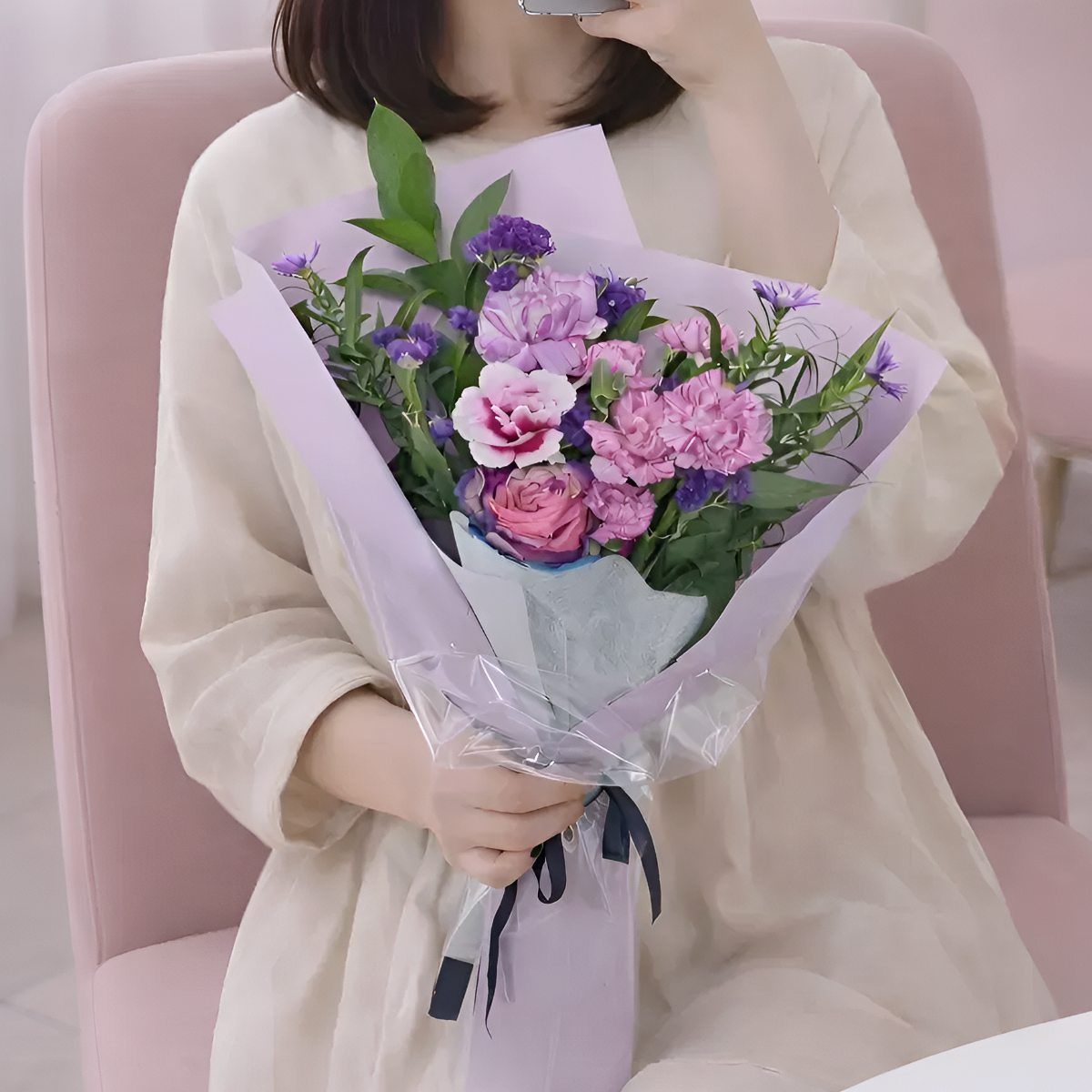 샤샤플라워 보라색 꽃다발 퍼플계열 소형꽃다발 생화꽃 인테리어 집들이 선물 - 상세 이미지 2