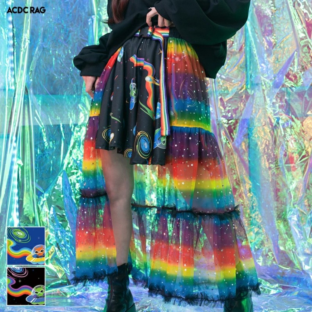 ACDC RAG 팝 갤럭시 롱 스커트 하라주쿠 일본 서브컬쳐 펑크 지뢰계 멘헤라 - 상품 이미지