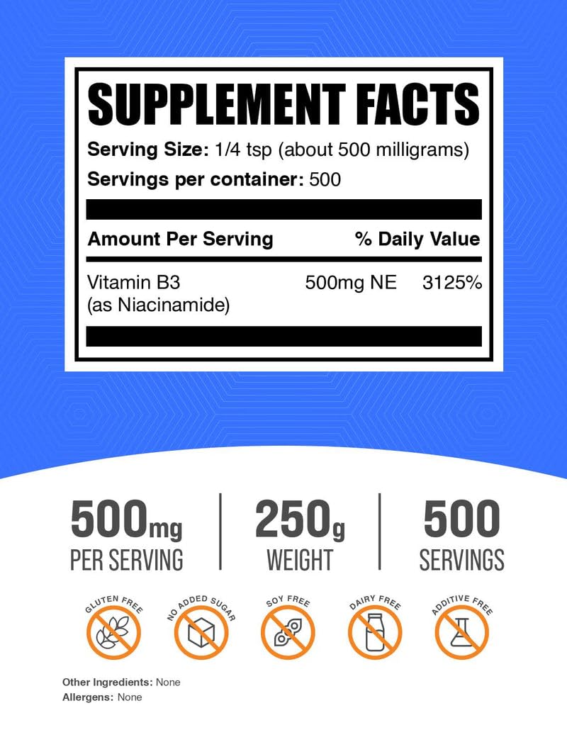 벌크서플리먼츠 나이아신아마이드 파우더 비타민 B3 500mg 250g - 상세 이미지 2