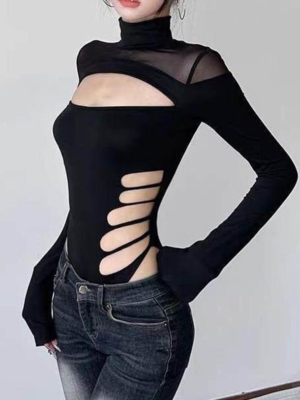 여자 바디프로필 의상 옆트임 섹시 시스루 하이넥 긴팔 블랙 S - 상세 이미지 4