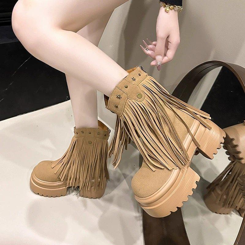 여성 웨스턴 마틴 부츠 키높이 9cm 태슬 지퍼 가을 - 상품 이미지