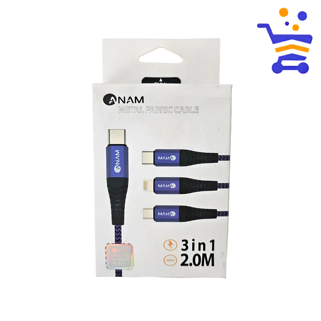 아남 메탈 패브릭 케이블 3in1 퍼플 2M (USB-C) 핸드폰 충전 케이블 - 상품 이미지