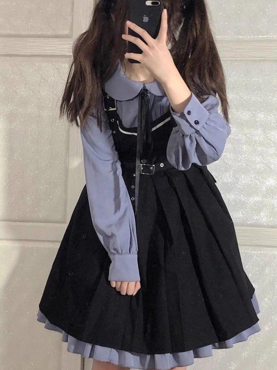 로리타 레이어드 프레피룩 플리츠 멜빵 원피스 코디 세트 - 상세 이미지 2