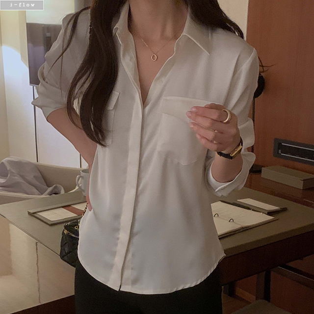 메이지 카라넥 스탠다드 새틴 블라우스 3col 봄 가을 슬림 오피스룩 셔츠 제이플로우 이미지 7