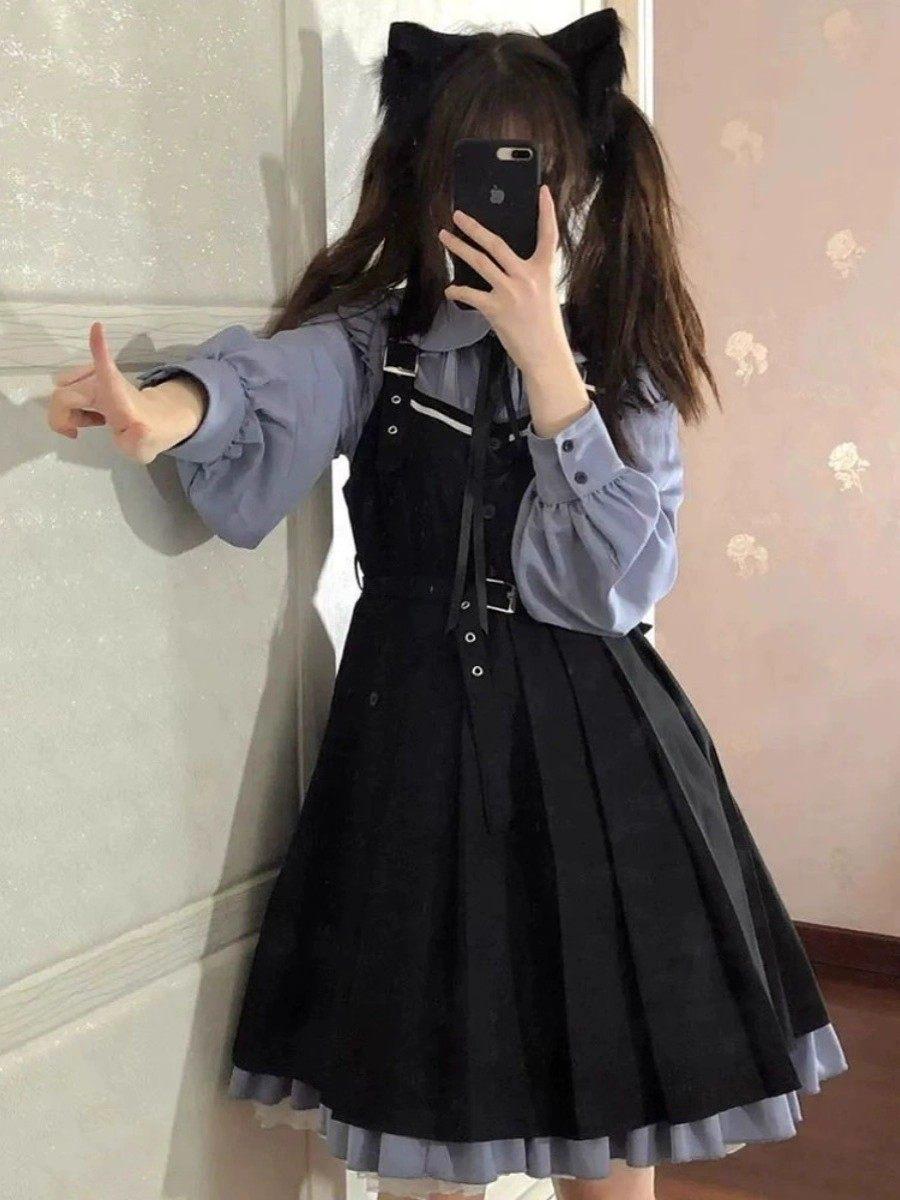 로리타 레이어드 프레피룩 플리츠 멜빵 원피스 코디 세트 - 상품 이미지