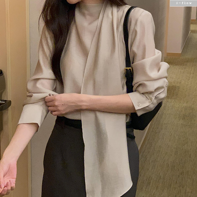브렌 스카프넥 시스루 핀턱 블라우스 3col 봄 가을 실키 쉬폰 타이 루즈핏 제이플로우 - 상세 이미지 5