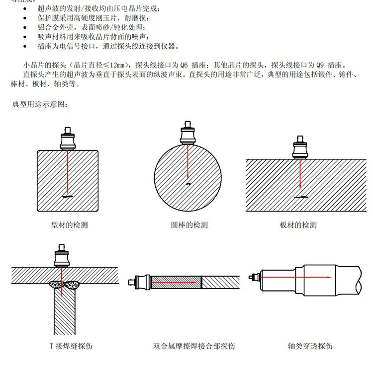 초음파 세로 직선 프로브 주파수 0.5-10MHZ 칩 크기 6-28mm