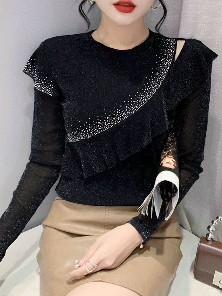 여성댄스복 라인 방송 왈츠 줌바 가을 스포츠 긴팔 라틴 블루 M - 상세 이미지 2