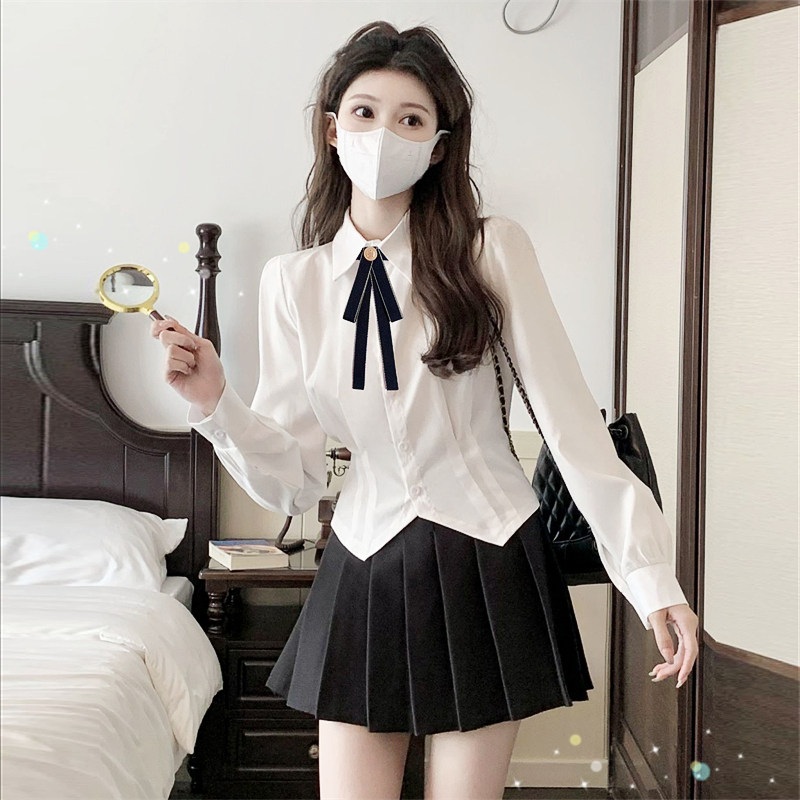 청순 교복룩 핀턱블라우스 긴팔 크롭 화이트 카라넥 슬림핏 단정한 면소재 리본타이 세트 - 상품 이미지