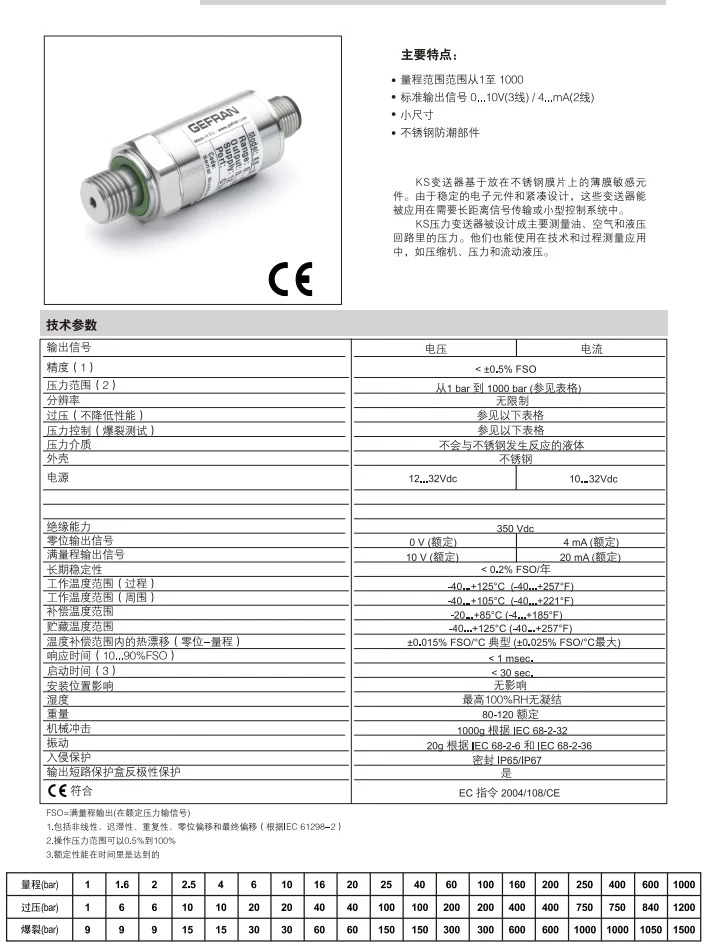 KS-N-E-E-B25D-M-V-602 250bar 압력센서