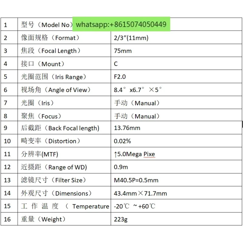 슈퍼 5 메가픽셀 고정 초점 75mm 산업카메라 렌즈 수동 조리개 2/3인치 C 포트 산업렌즈