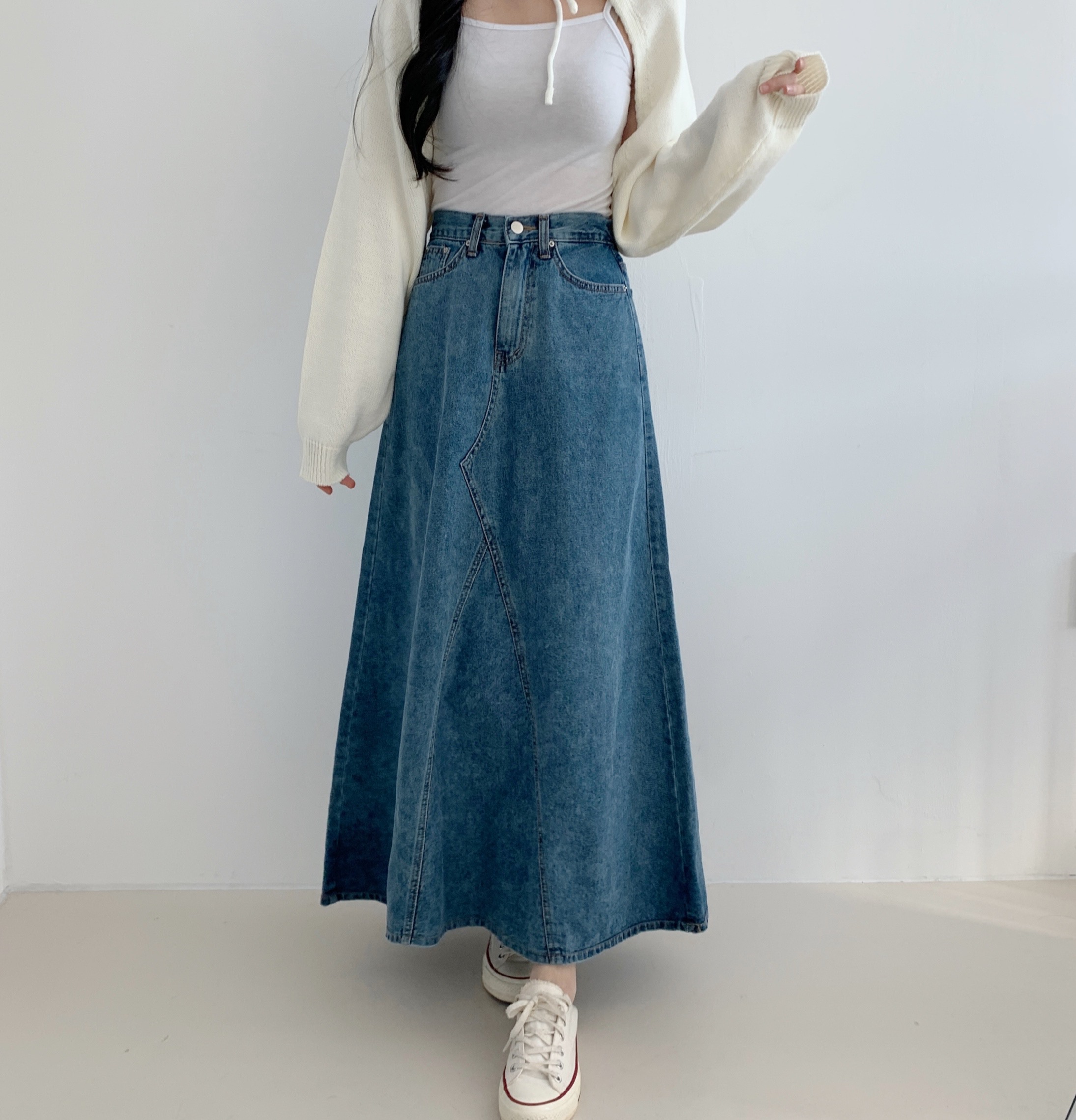 허리 뒷밴딩 앞 절개 청와이드 찰랑 데님 맥시스커트 청 롱치마 팬츠 [2컬러] - 상세 이미지 4