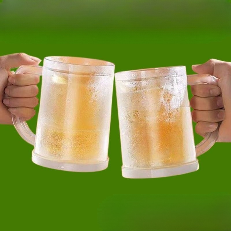 이중 얼음컵 맥주잔 시원한 냉동 보냉 손잡이 플라스틱 대용량 이중벽 쿨링컵 - 상품 이미지