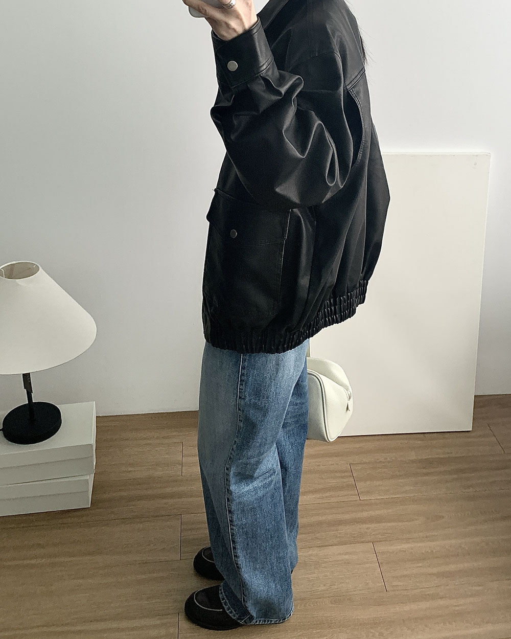 레어 레더 자켓 페이크레더 오버핏 블루종 웨어링무드 (2c) 이미지 7