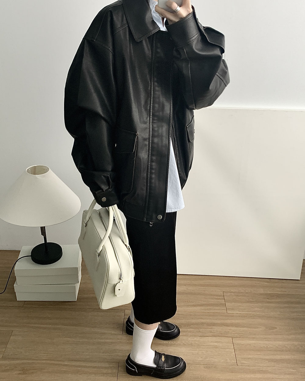 레어 레더 자켓 페이크레더 오버핏 블루종 웨어링무드 (2c) - 상세 이미지 3