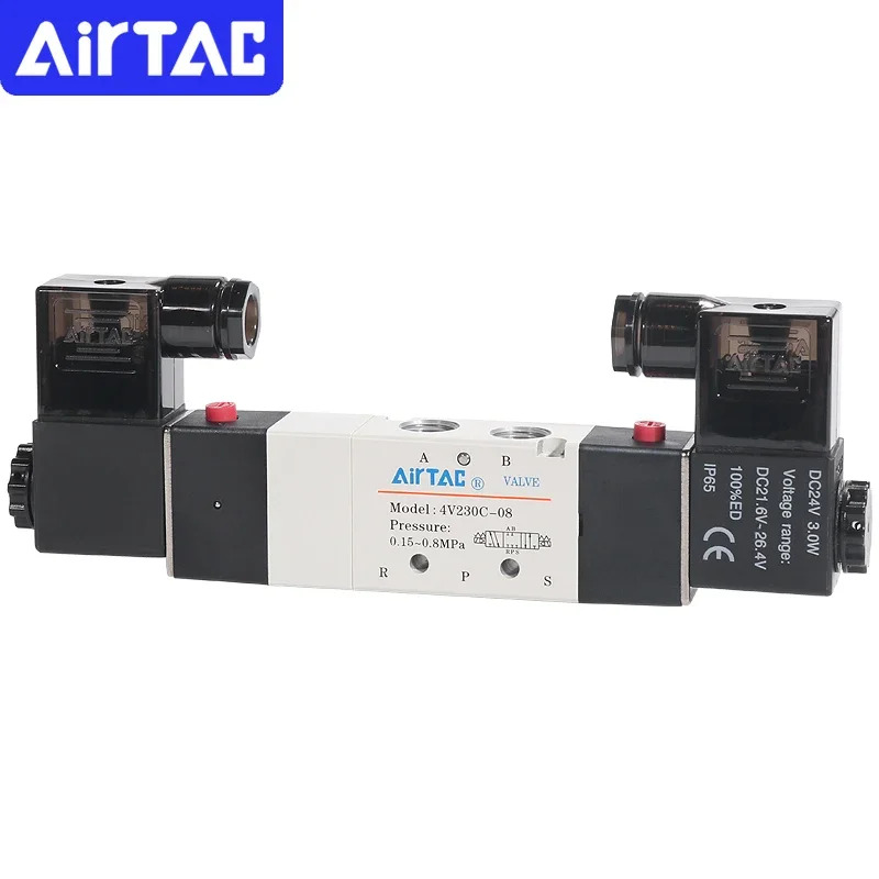 AirTAC 4V130C-06 4V230C-08 4V330C-10 4V430C-15 공압 에어 솔레노이드 밸브 5 포트 3위치 방향 반전 12V 24V 110V 220V