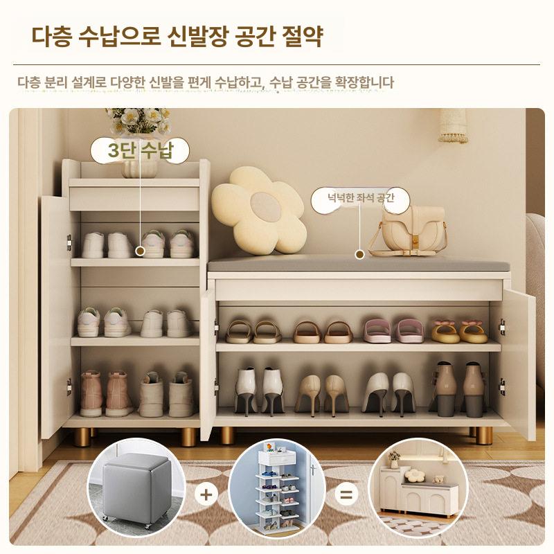 현관 벤치형 신발장 깔끔한 아파트 사무실 입구 신발벤치 120cm + 그레이 가죽 쿠션 - 상세 이미지 3