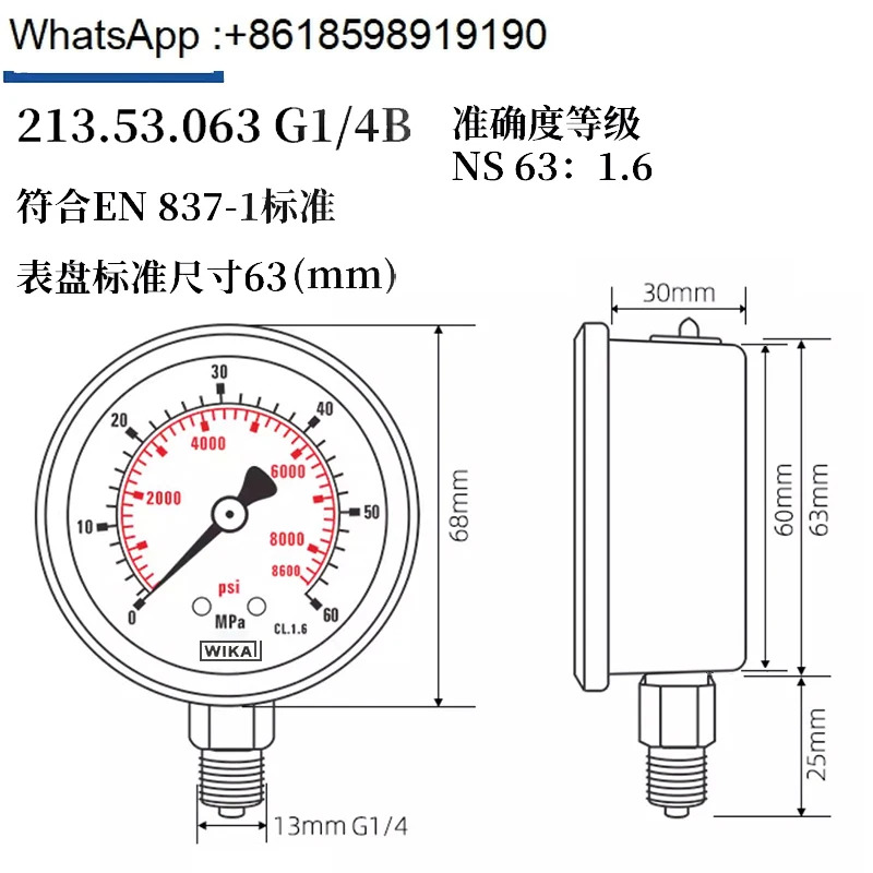 압력 게이지 EN837-1 213.53.063 독일 충격 방지 스테인레스 스틸 액체 충전