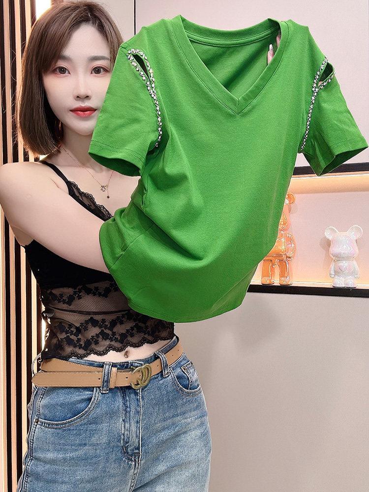 스포츠댄스복 라인댄스복 상의 여름 여성 방송 의상 반팔 그린 S - 상품 이미지