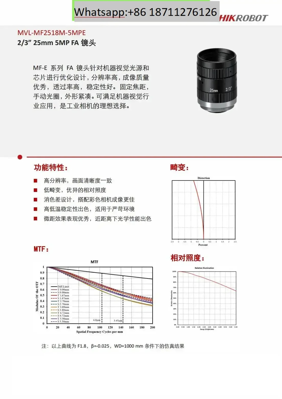 MVL-MF2518M-5MPE 5000000 2/3인치 고정 초점 거리 25mm 산업렌즈